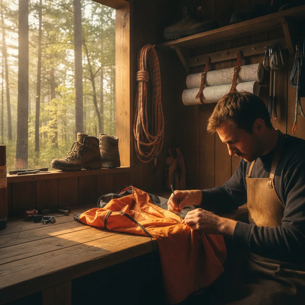 A craftsperson repairing an orange tent in the Kestrel workshop